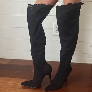 Michael Antonio Women’s Above the Knee Suede Black Boots with Lace Detail, Sz 7